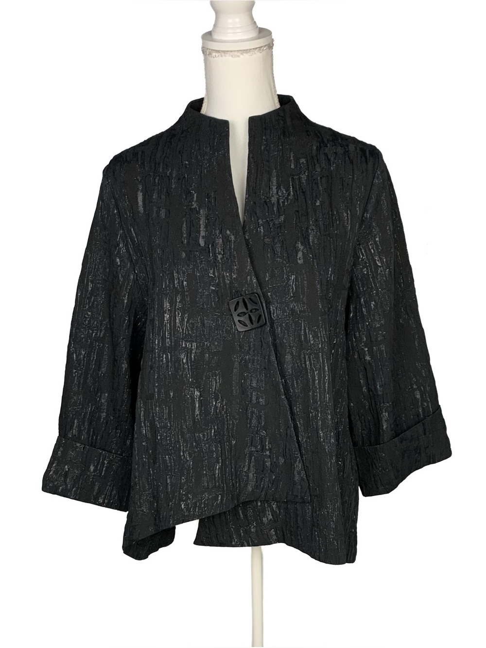 IC By Connie K Women XL Jacket Black Metallic Button Closure Art Wear 3/4 Sleeve